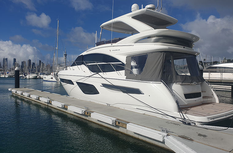 Marina berth set up with marina fenders and dock lines / mooring lines / ropes from Hauraki Fenders